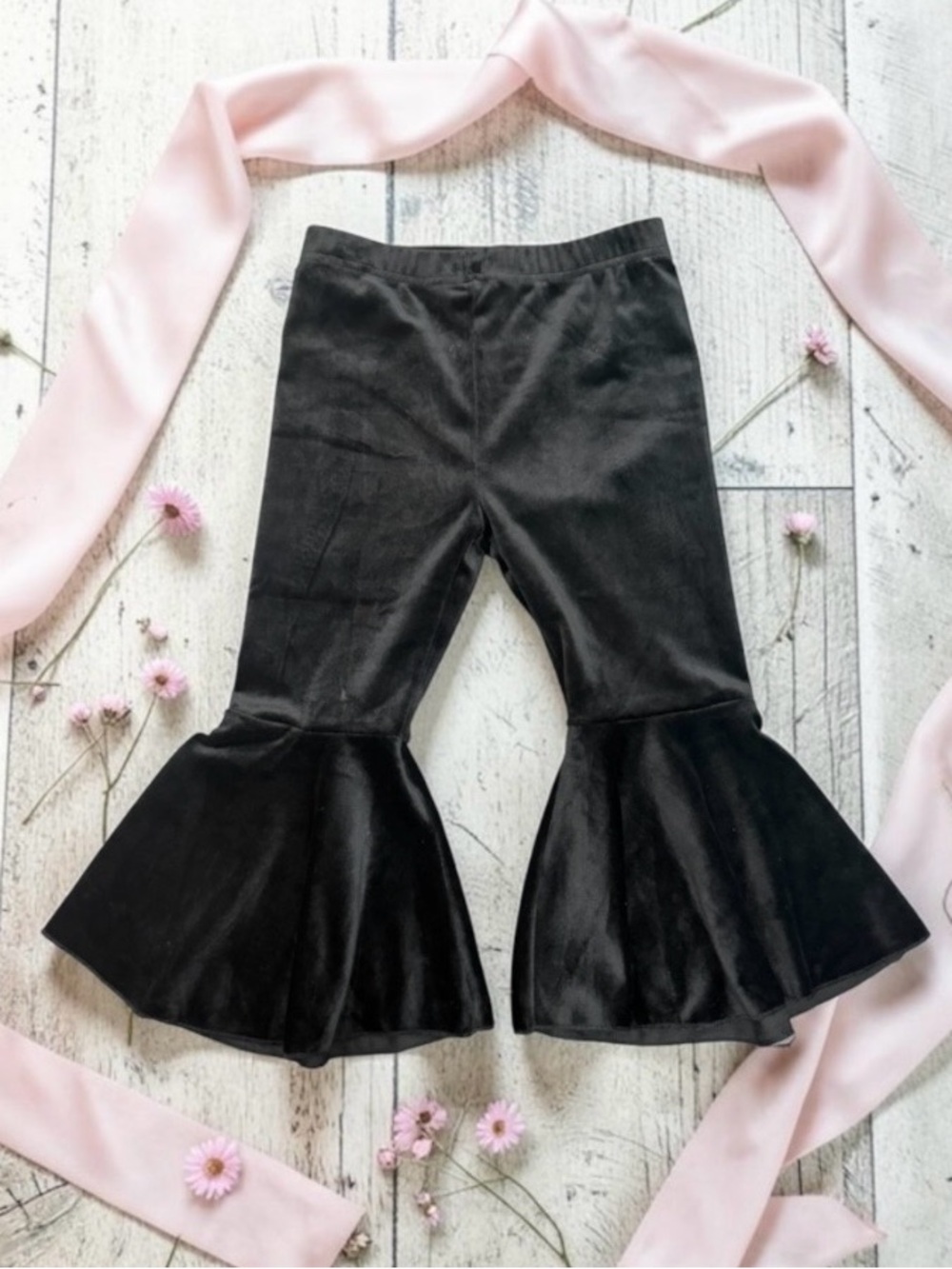 Girls Boutique Black Velvet Ruffle Bell-Bottom Pants